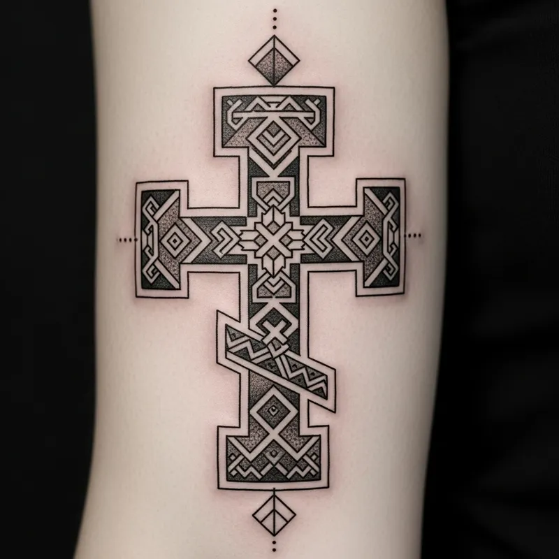 Slavic Cross Tattoo with Geometric Elements