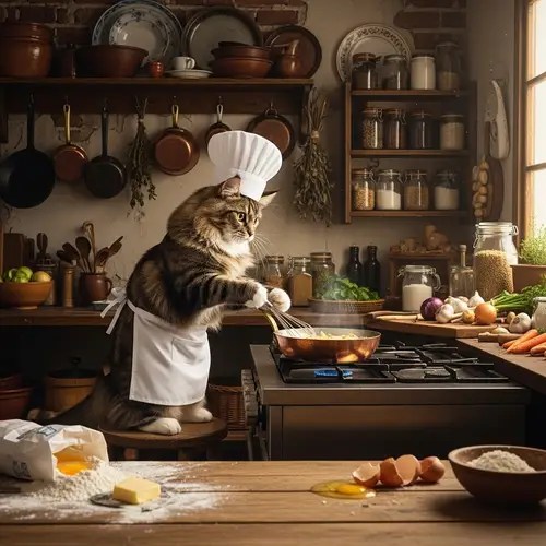 Adorable Cat Chef Creating Culinary Masterpiece in Rustic Kitchen