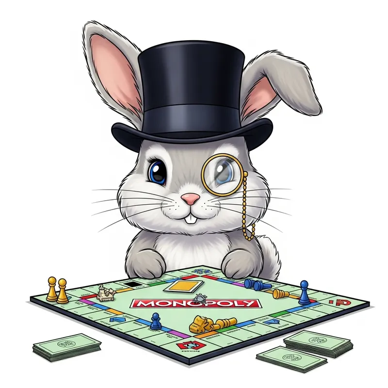 Cute Bunny Rabbit Playing Monopoly in Top Hat and Monocle