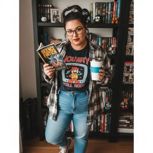 Overweight Woman with Round Face in Nerdy Attire