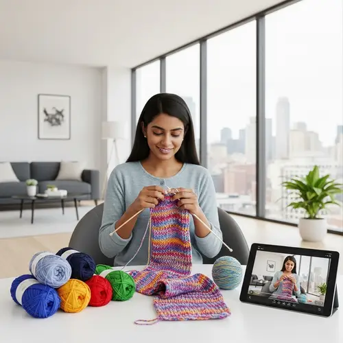 Modern Knitting Scene with South Asian Woman Knitting a Scarf