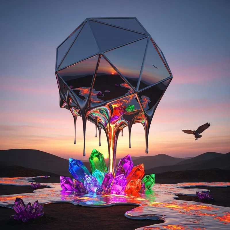 Metallic Geometric Object Reflecting Landscape | Enormous Colorful Crystals