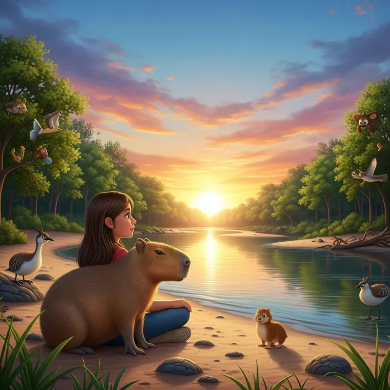 9-Year-Old Hispanic Girl and Capybara Watching Sunset by River in Lush Forest