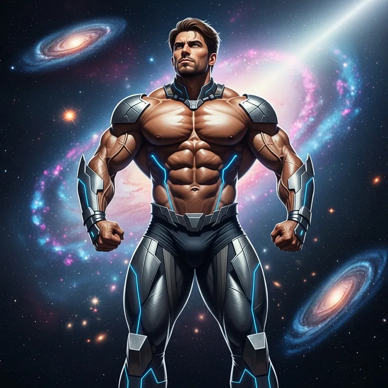 Galactic Hero: Epic Pose of Arnold Schwarzenegger in Cosmic Galaxy