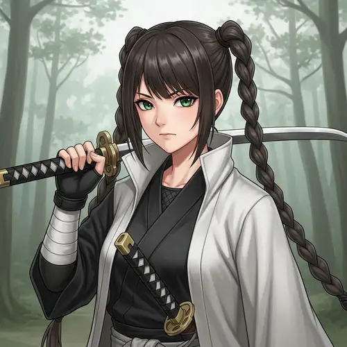 Japanese Jujutsu Master: Female Ninja Warrior with Dual-Braided Hair