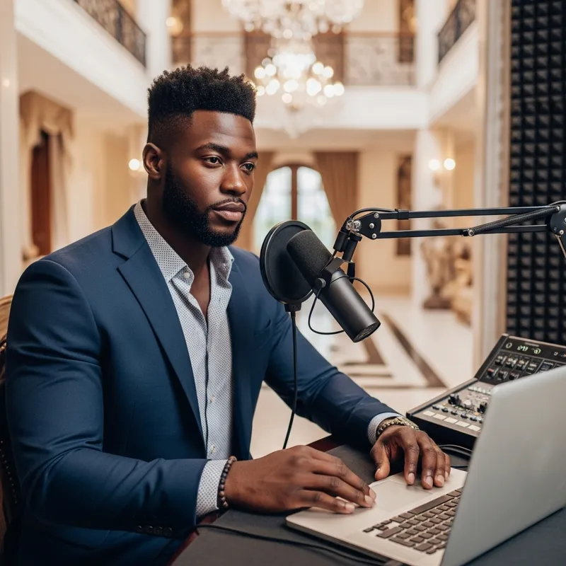 Attractive Black Man Podcasting in Stylish Villa