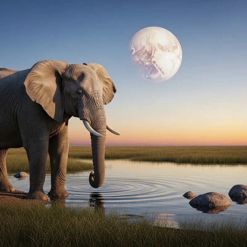 Majestic Elephant near Serene Water with Planet Pluto Views