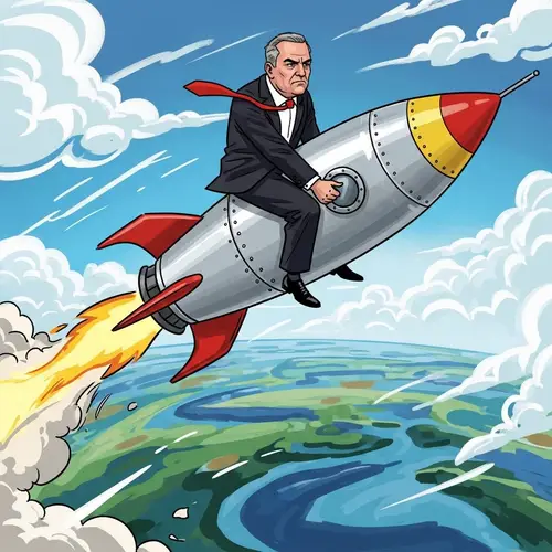 Middle-aged Man Riding Rocket in Comic Landscape