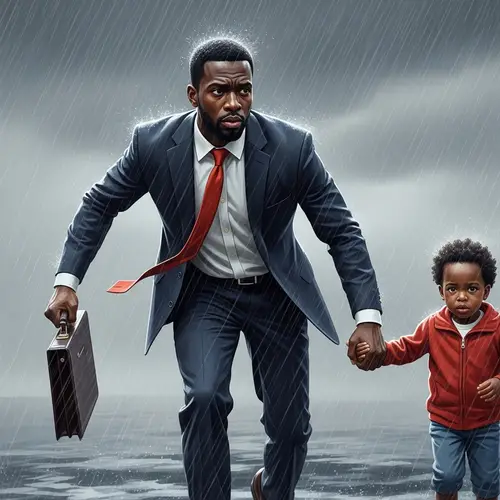 Resilient Black Man Battling Harsh Storm with Professional Aspirations