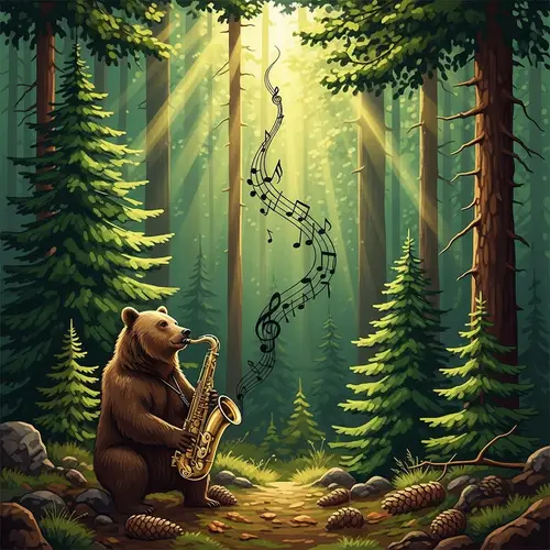 Brown Bear Playing Saxophone in Green Forest | Tranquil Nature Scene