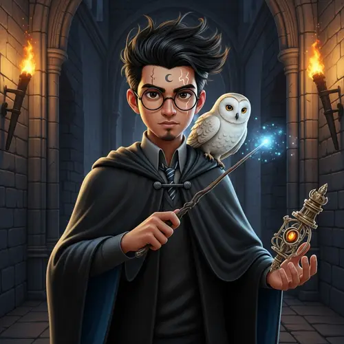 Young Wizard in Magical Castle with Owl and Wand