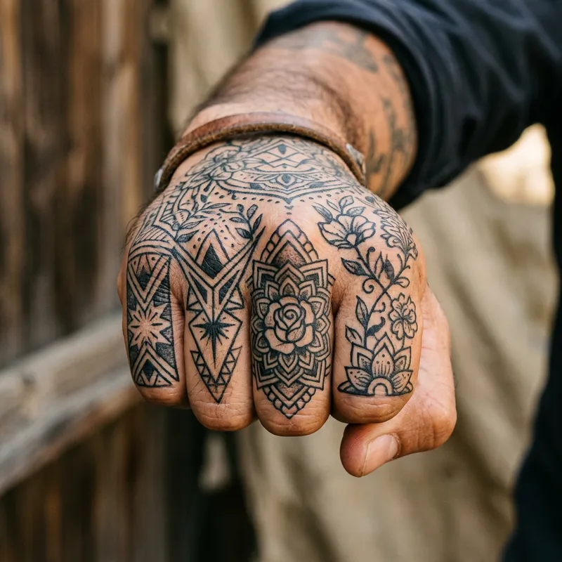 Intricate Black Knuckle Tattoos | Geometric & Floral Design