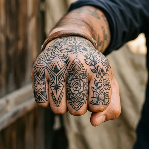 Intricate Knuckle Tattoos | Black Geometric & Floral Design