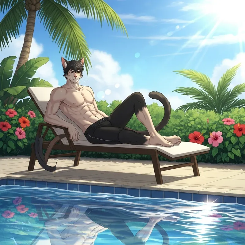 Male Cat-Demi-Human by Pool | Athletic Build & Feline Charms