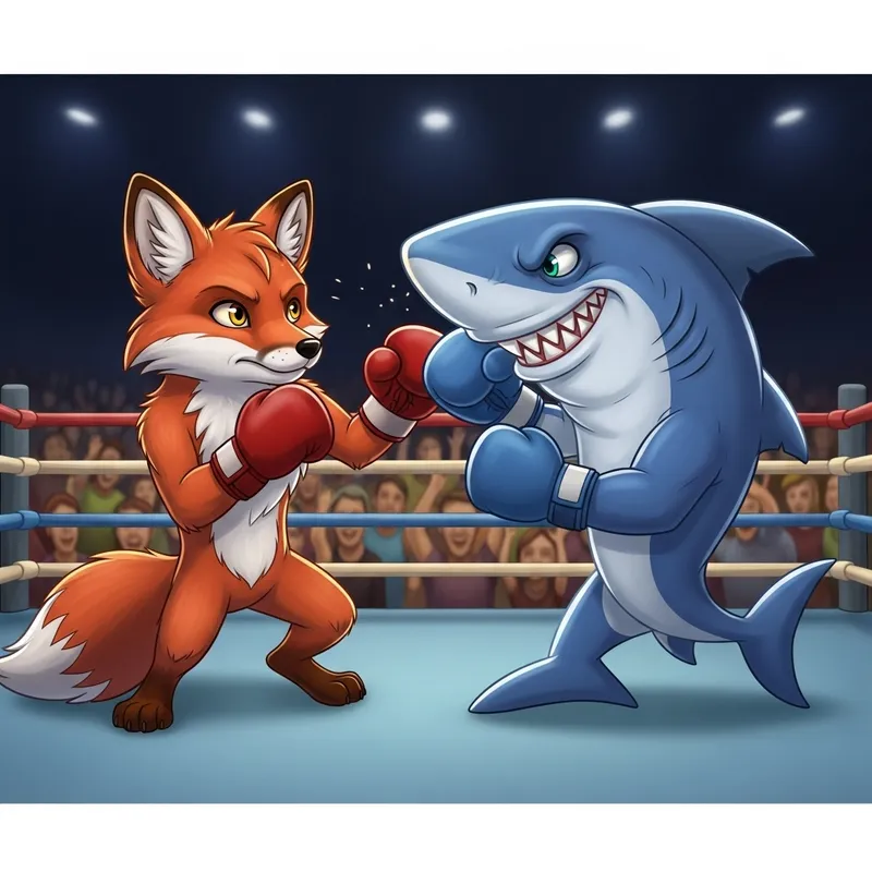 Cartoon Fox Vs Shark: Playful Boxing Match in Traditional Ring