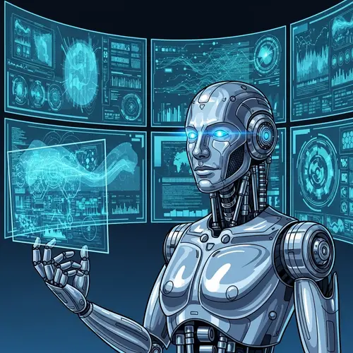 Futuristic AI Robot Illustration on Digital Screens