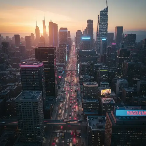 Futuristic Cyberpunk City Skyline at Sunset