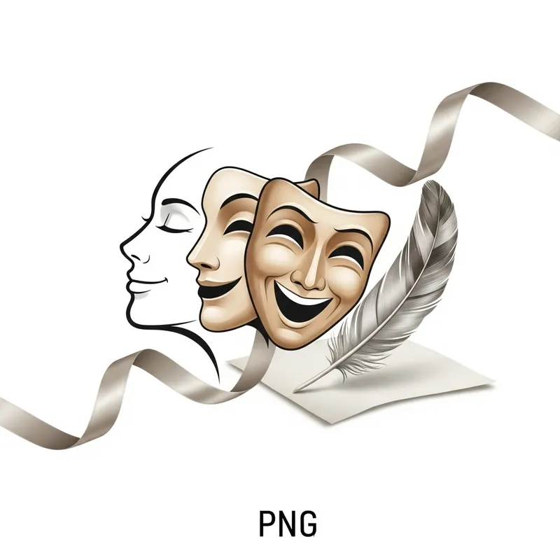 Elegant Human Face and Theatrical Mask Logo with Goose Feather in PNG Elegant Human Face and Theatrical Mask Logo with Goose Feather in PNG
