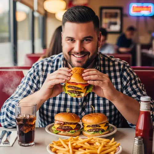 Joyful Eating: A Man Enjoys Delicious Hamburgers