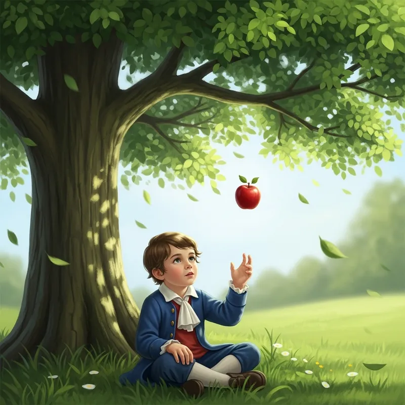 Young Newton Under Tree with Falling Apple