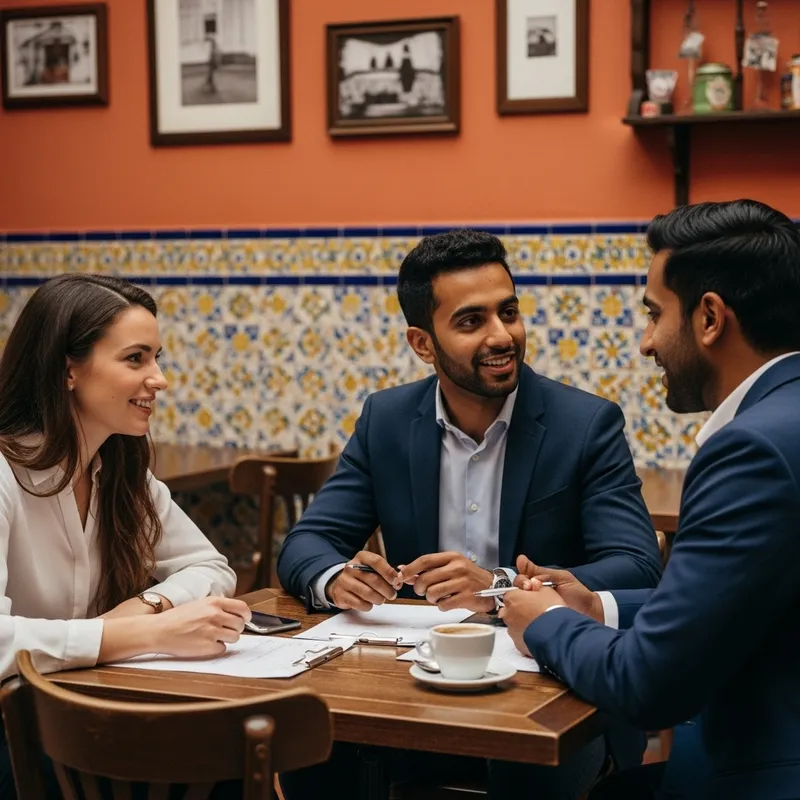 3 European Startup Founders Meeting in Cafe for Project Launch in Spain