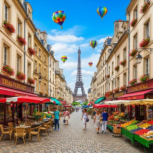 Vibrant and Colorful France: Cobblestone Streets, Eiffel Tower, Outdoor Markets