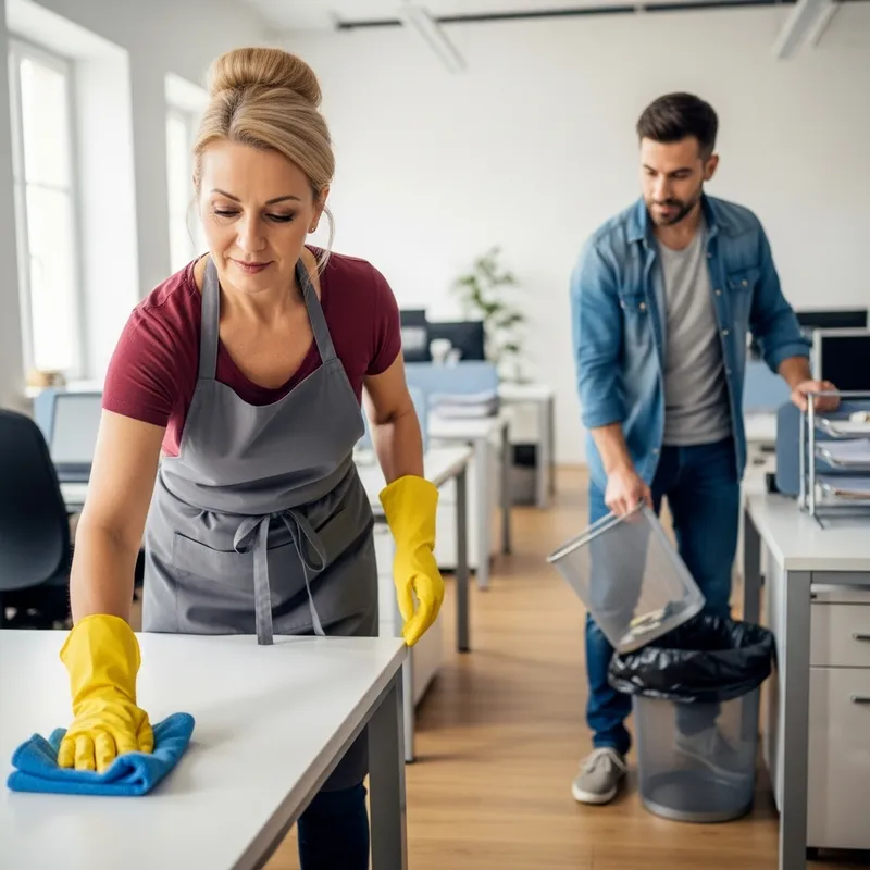 European Cleaning Lady and Husband in Warmly Lit Office Scene European Cleaning Lady and Husband in Warmly Lit Office Scene
