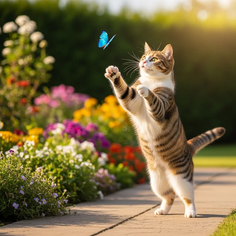Playful Cat Chasing Butterfly in Blooming Garden