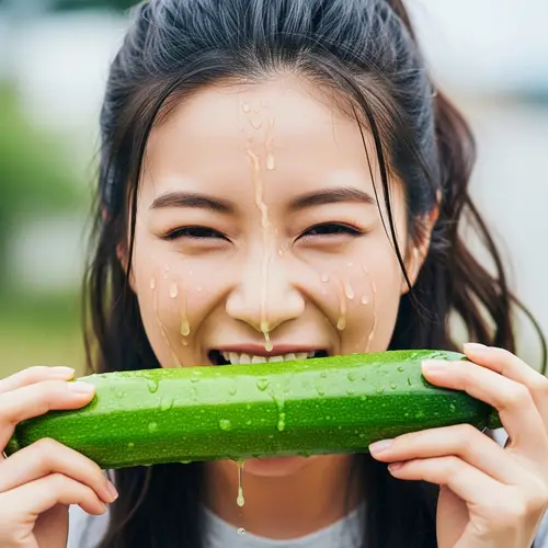 East Asian Woman Enjoying Juicy Zucchini
