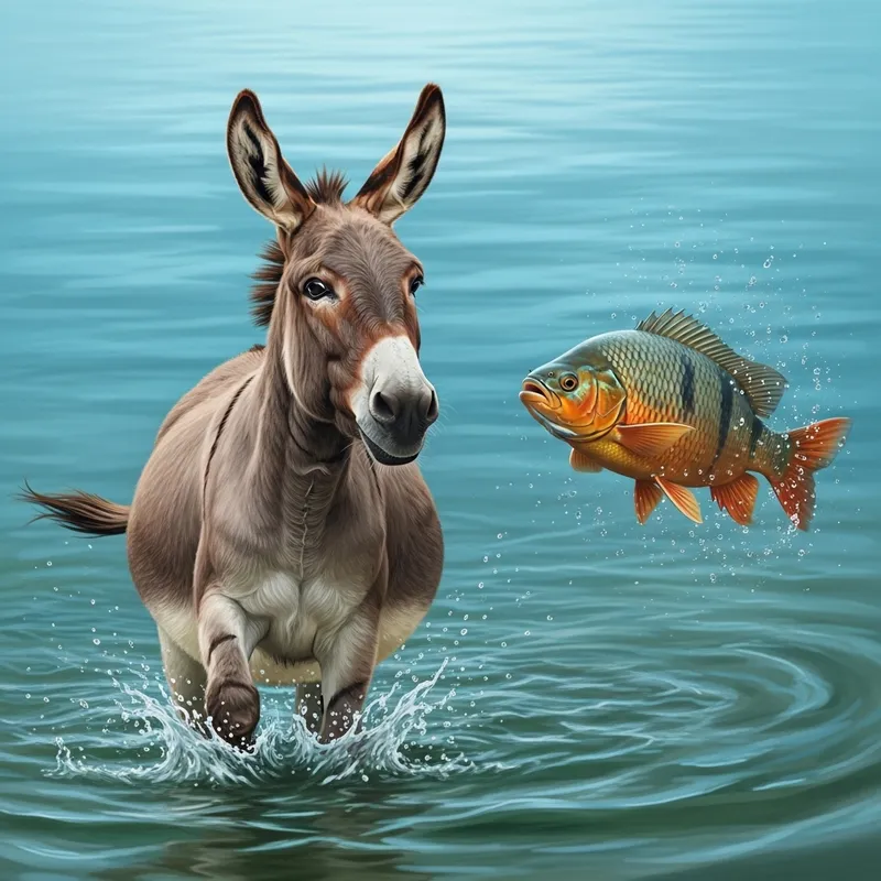 Donkey and Fish Swimming: Tranquil Water Interaction