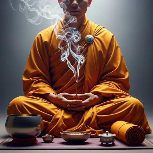 Mystical Monk Meditating with Smoking Incense Stick | Website Name