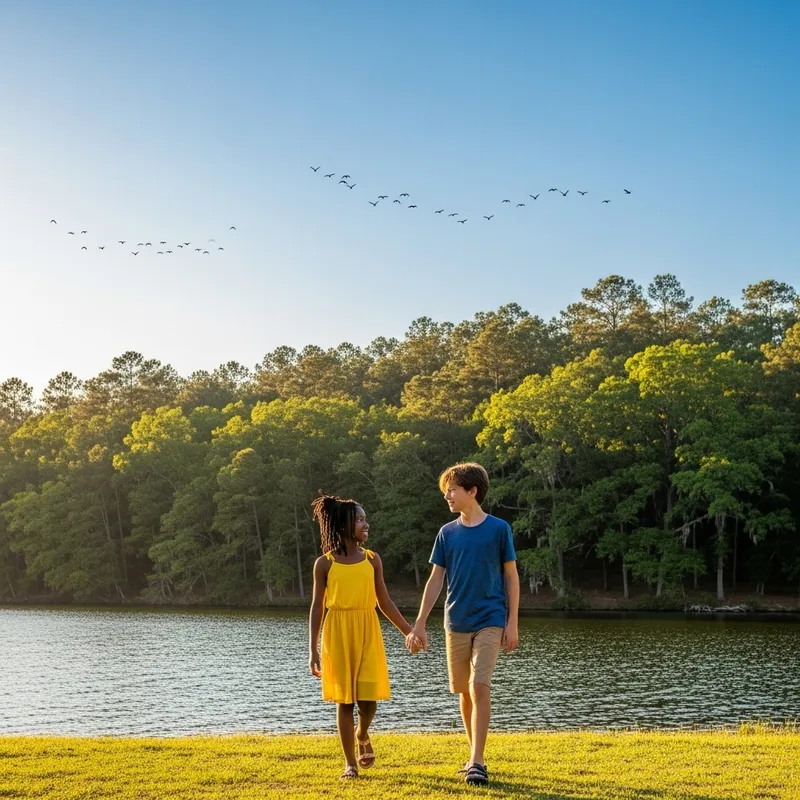Tranquil Lake Stroll with Girl and Boy by Forest | Birds Overhead