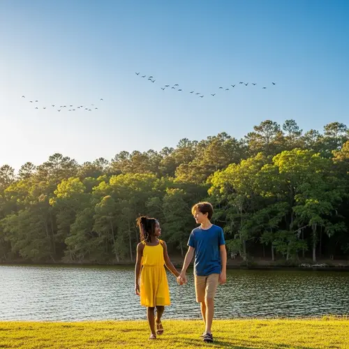 Lake Stroll: Girl with Dreadlocks and Boy | Tranquil Forest View