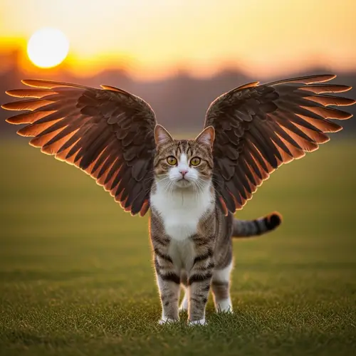 Majestic Winged Tabby Cat in Grassy Field | Sunset Scene