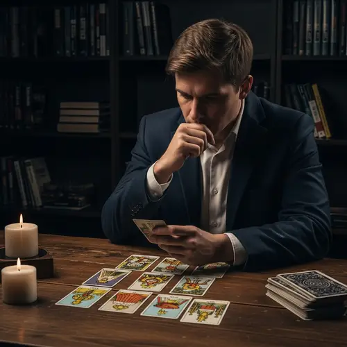 Caucasian Detective Uses Tarot Cards in Tense Atmosphere
