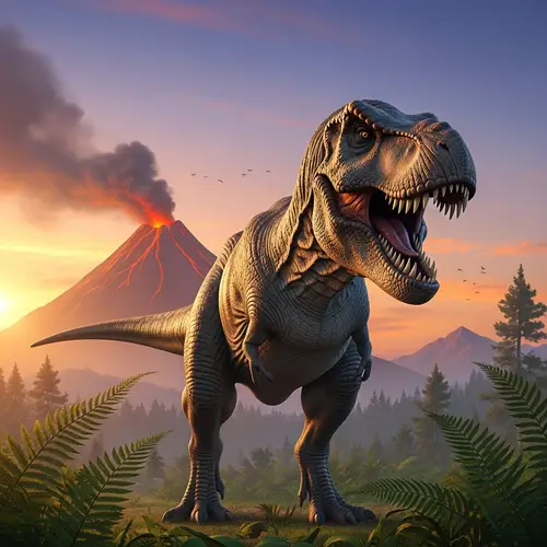 Majestic T-Rex in Prehistoric Landscape - Roaring Dominance