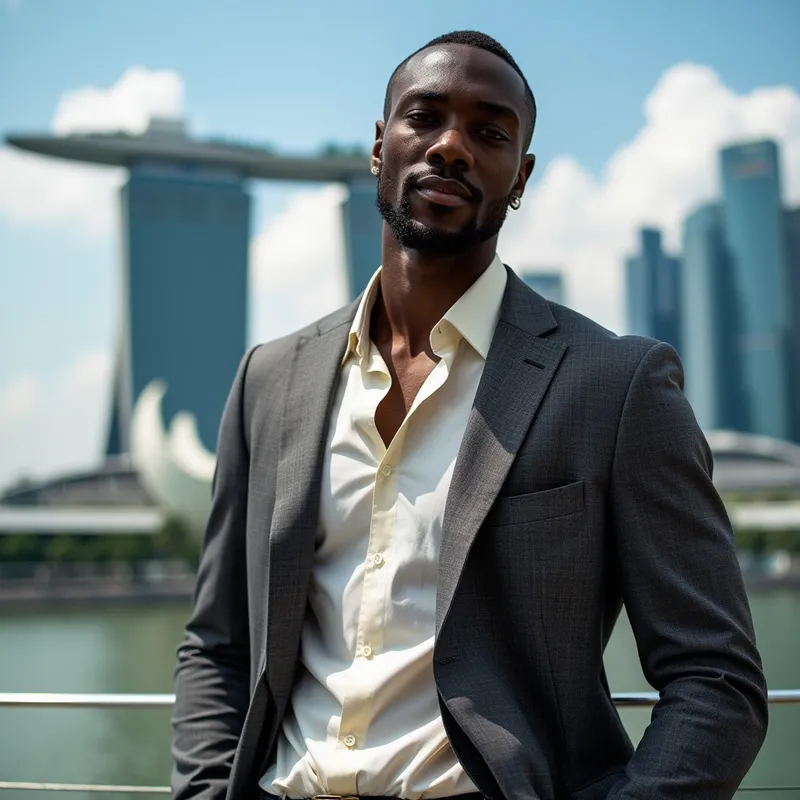 Chic Black Male Model at Marina Bay Sands Singapore Chic Black Male Model at Marina Bay Sands Singapore
