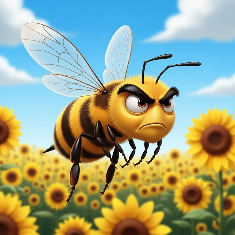 Mr. Angry Bee - Cartoon Insect Among Sunflowers