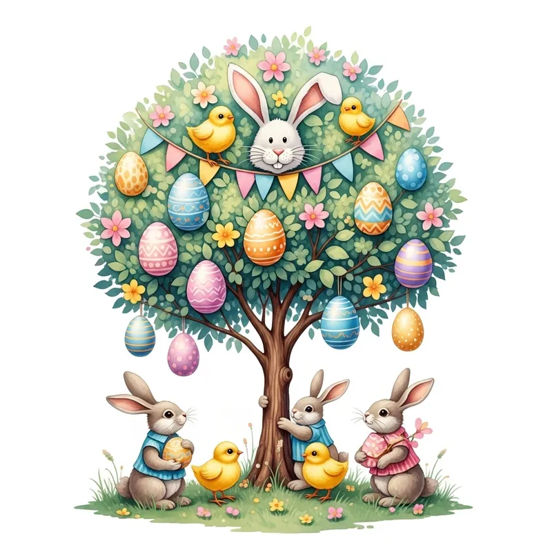 Whimsical Easter Tree with Colorful Eggs and Playful Animals