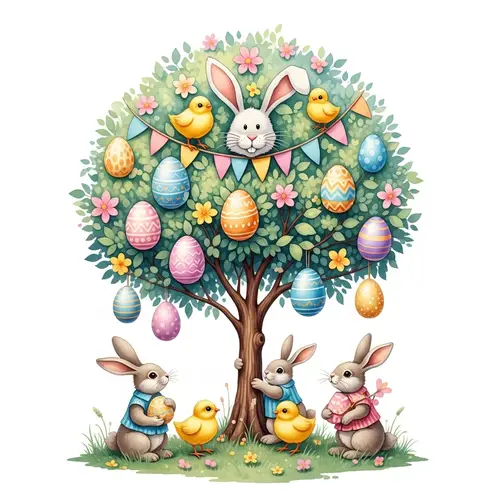 Enchanting Easter Tree with Colorful Eggs, Rabbits, and Chicks