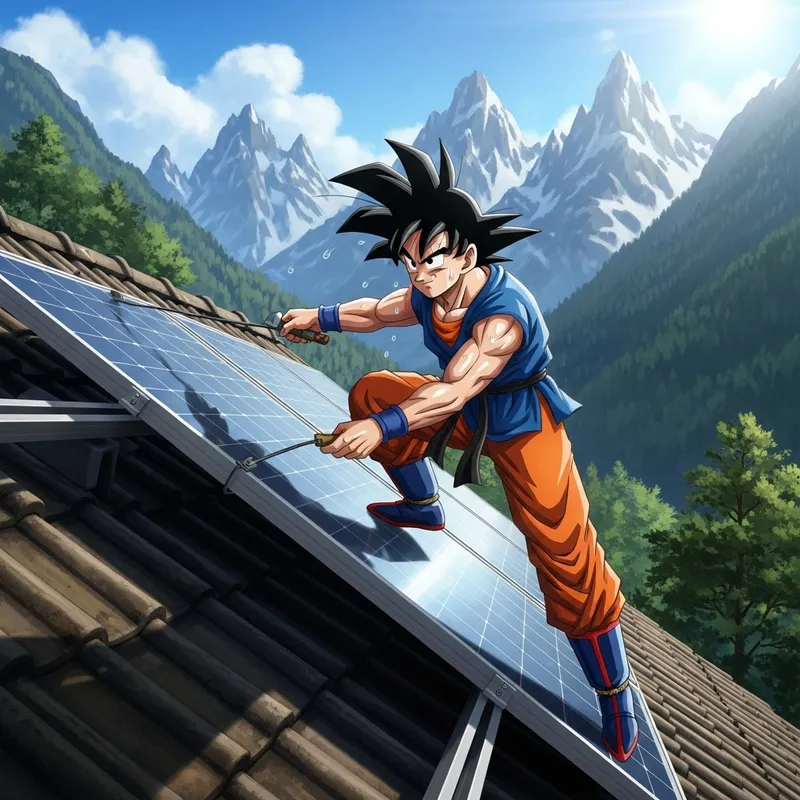 Fictional Character Installing Solar Panel in Mountain Setting