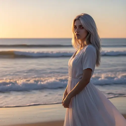 Fair-Skinned Girl with Silver Hair on Beach | Otherworldly Beauty