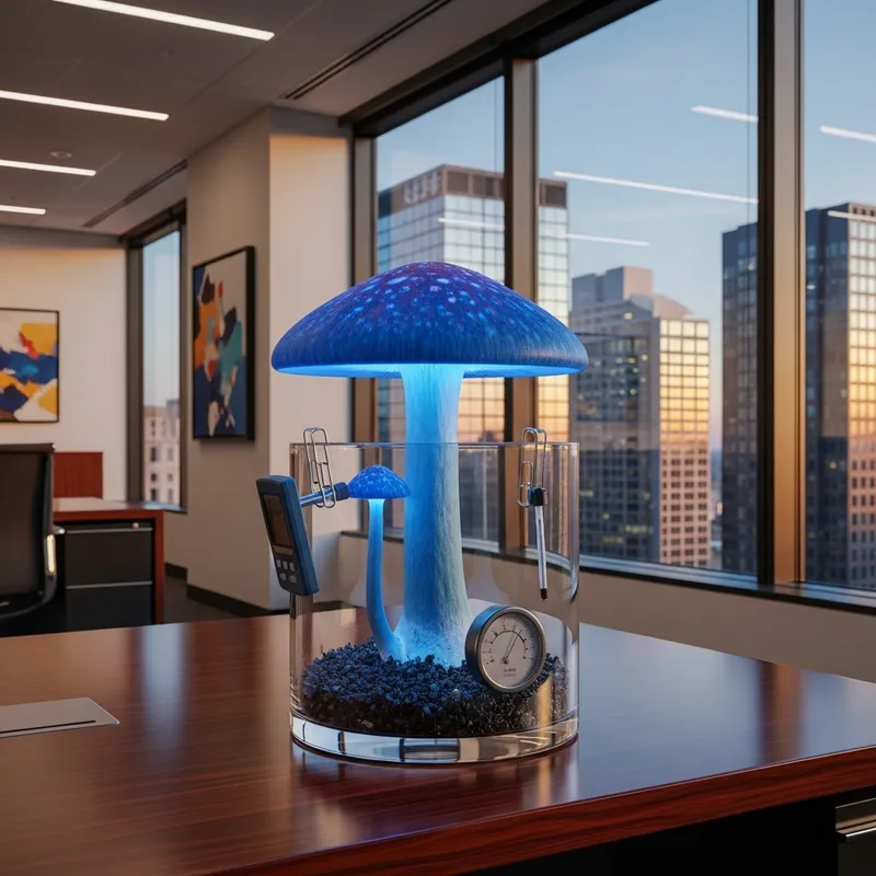 Unique Blue Mushroom in Glass Vessel | Luxury Corporate Setting