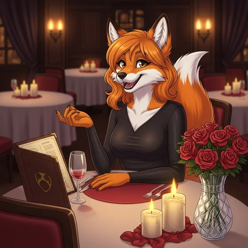 Fox Girl Dining at Romantic Restaurant with Elegant Ambience