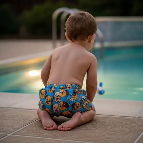 Adorable Toddler in Paw Patrol Swim Shorts by Pool at Dusk