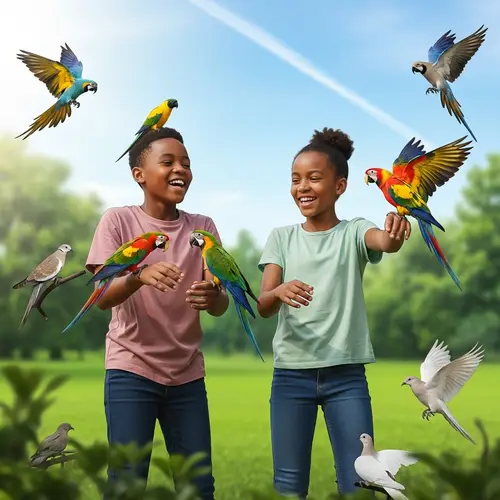 South African Young Boy and Girl Playing with Birds