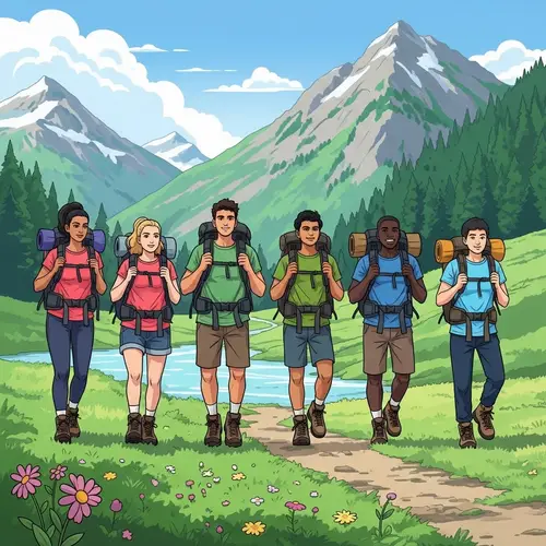 Diverse Group of Six Hikers Enjoying Trekking in a Blissful Environment