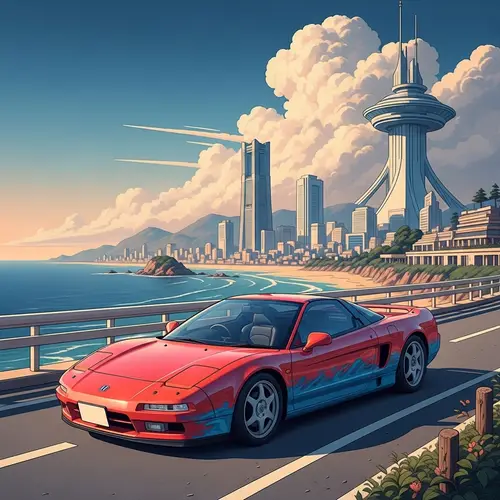 Retro-Futurism: Japanese-Made Car Honda NSX Driving Down Coastal Road