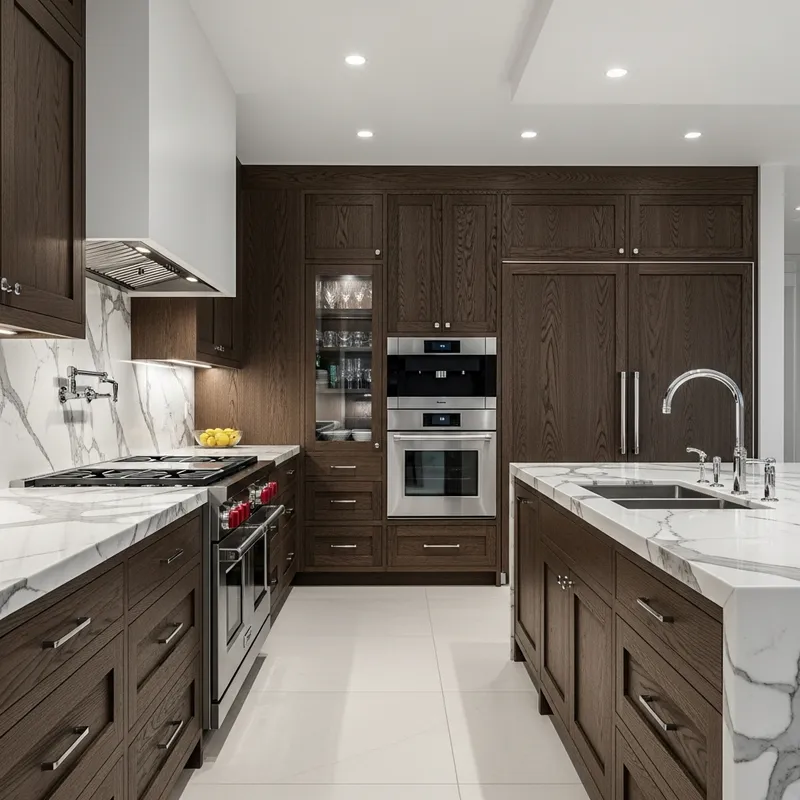 Exquisite Luxurious Kitchen with Oak Veneer Fronts & Marble