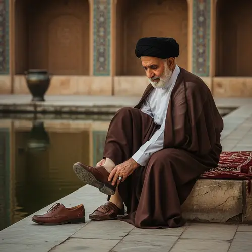 Elderly Man in Luxurious Attire by Tranquil Pond